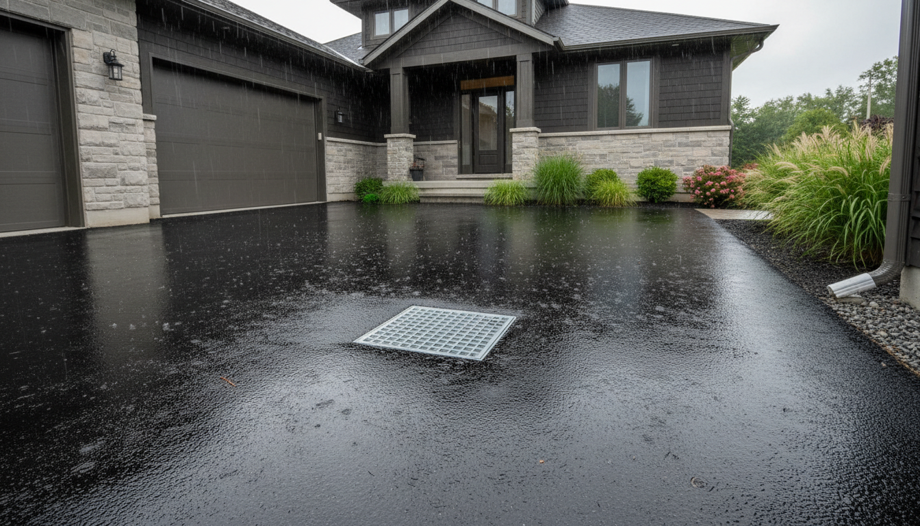 a house with a stormwater catch basin in the driveway