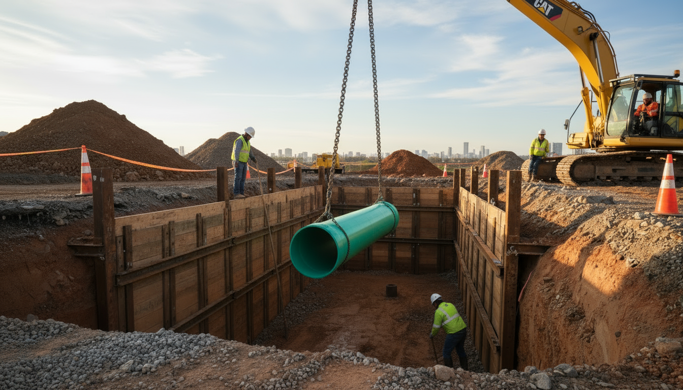 a smaller green PVC sewer pipe being installed in an open-cut trench