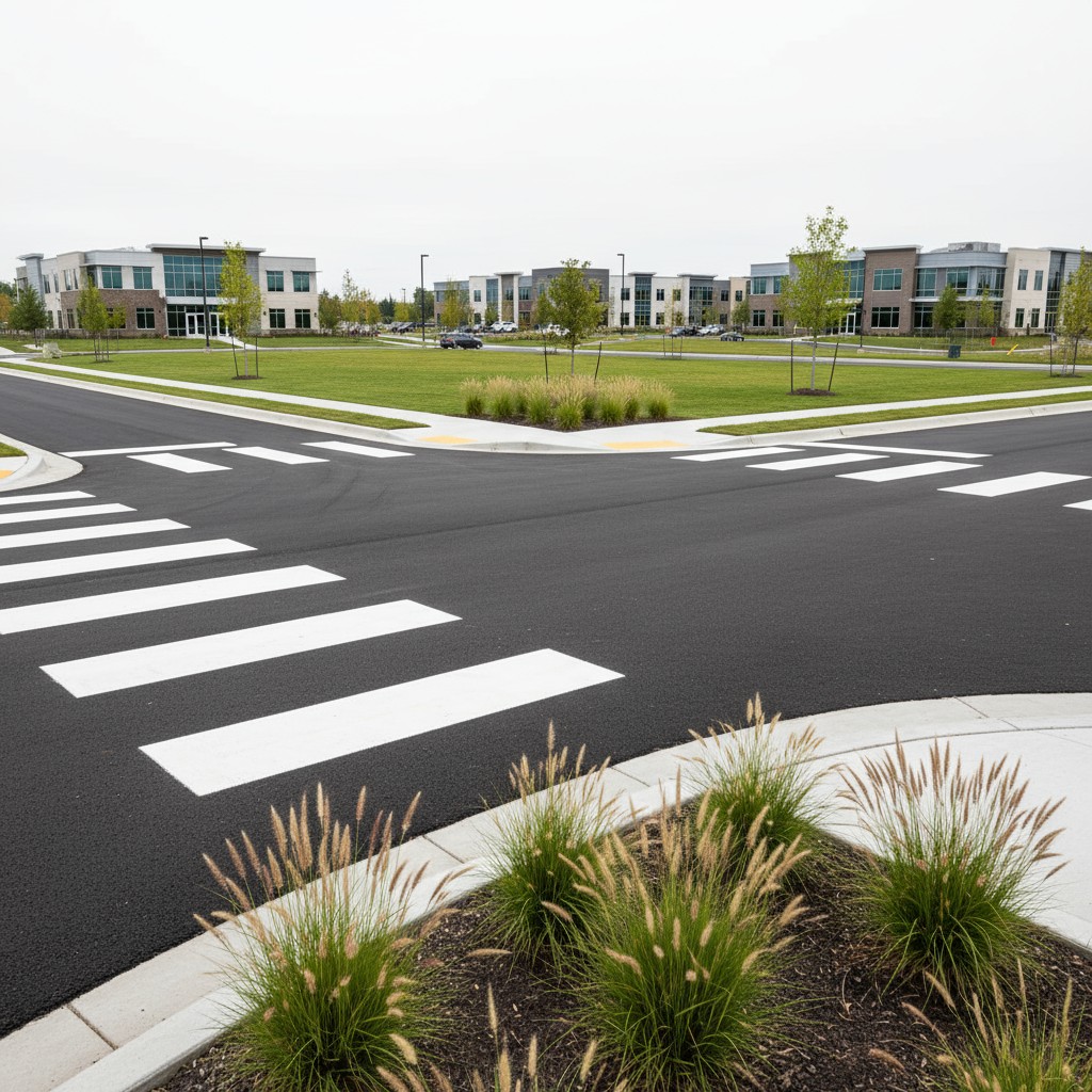An empty road with white crosswalk markings, behaving generic buildings in the background