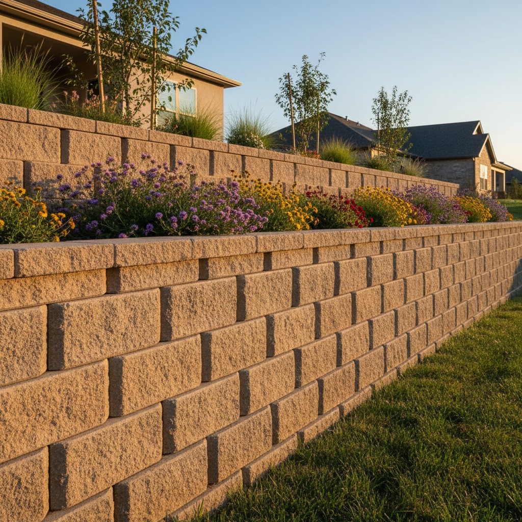 A tan retaining wall with flower beds and grass between its steps, and houses in the background.