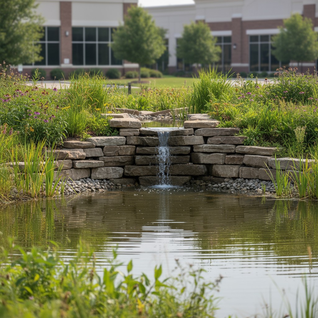 A nature scene, with a small waterfall cascading into a pond, surrounded by a lush greenery composition with foliage and w...